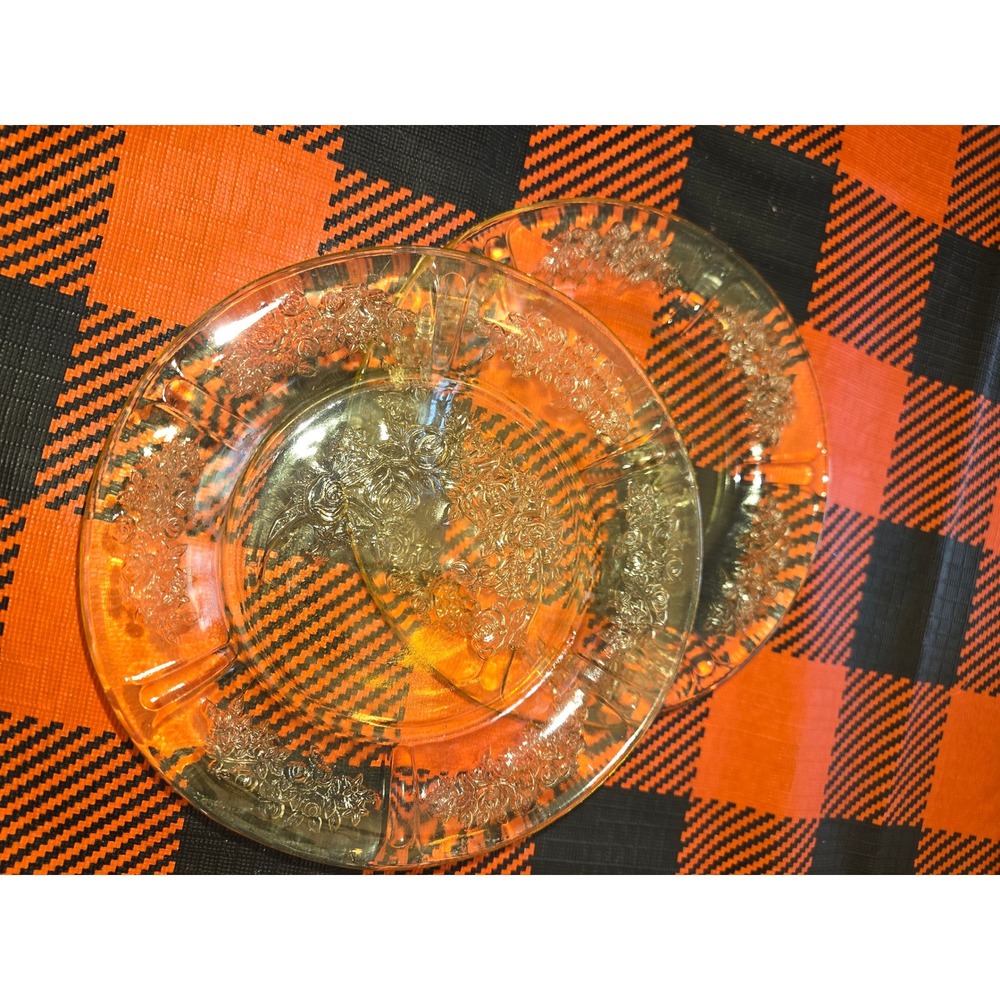 Vintage Yellow Amber Depression Glass Floral Rose Salad Dessert Plates Set of 2